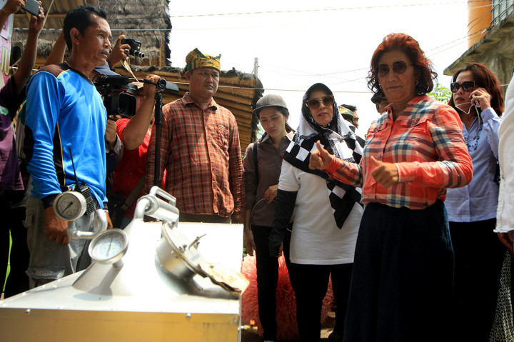 Menteri Kelautan dan Perikanan Susi Pudjiastuti (kedua kiri) bersama Bupati Banyuwangi Abdullah Azwar Anas (kedua kanan) melepasliarkan Hiu hasil penangkaran nelayan setempat di Bangsring, Banyuwangi.
