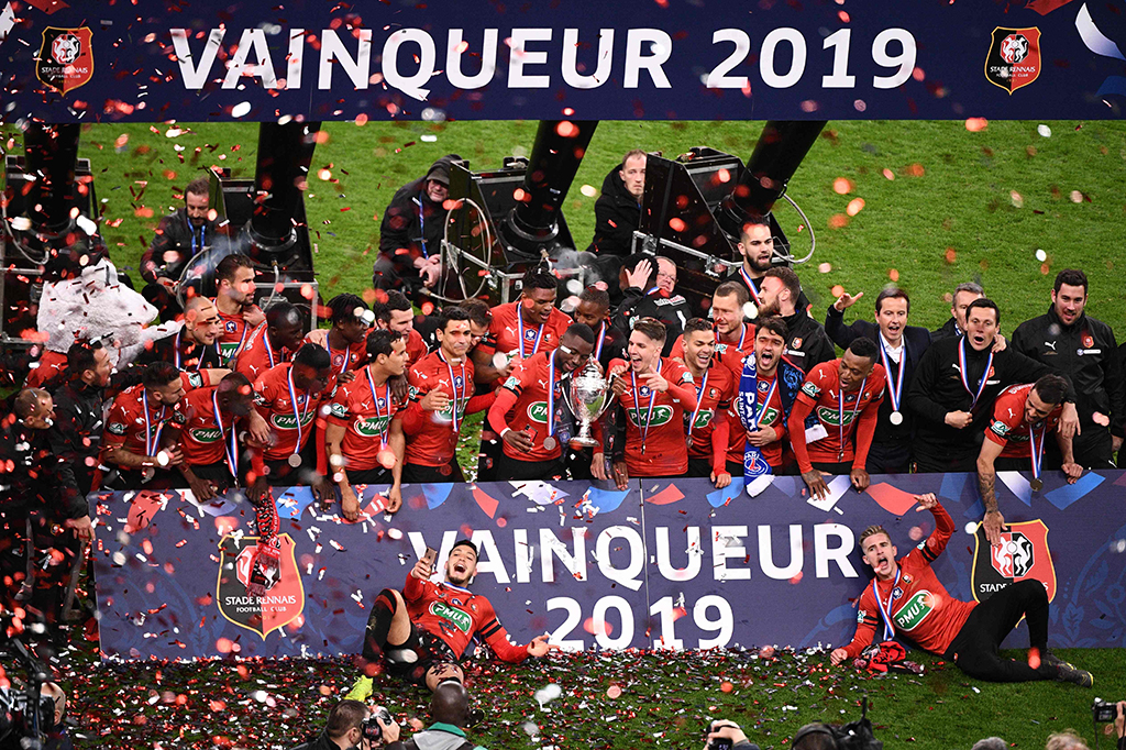 Stade Rennes berhasil menjadi juara Piala Liga Prancis setelah mengalahkan PSG di Stade de Frances. Afp Photo/Martin Bureau