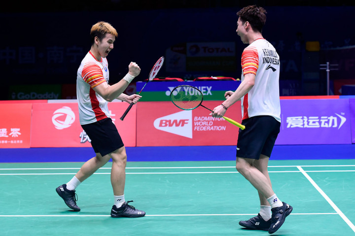 Sebelumnya, di partai pembuka ganda putra Indonesia Marcus Fernaldi Gideon/Kevin Sanjaya Sukamuljo membuka keunggulan 1-0 bagi Indonesia dengan mengalahkan ganda putra Taiwan Lee Yang/Wang Chi-Lin dua gim 21-17 21-17. AFP Photo/Wang Zhao