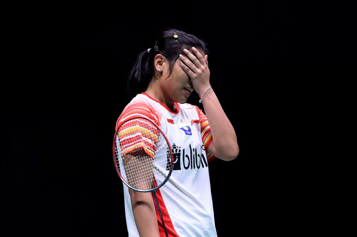 Kemudian di partai kedua Gregoria Mariska Tunjung kalah di tangan peringkat satu Tai Tzu Ying 16-21, 14-21.  AFP Photo/Wang Zhao