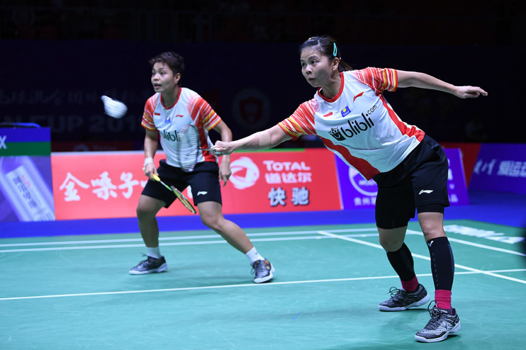 Ganda putri Indonesia Greysia Polii/Apriyani Rahayu mengembalikan harapan bagi timnas bulu tangkis Indonesia setelah menyamakan kedudukan 2-2 dengan mengalahkan ganda putri Taiwan Pai Yu Po/Wu Ti Jung peringkat 61 dalam dua gim 21-13 21-7 selama 35 menit. Antara Foto/Wahyu Putro A