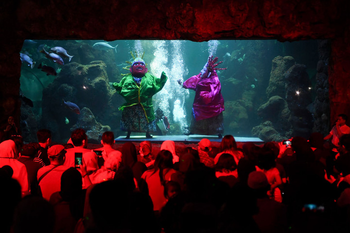 Pengunjung sangat antusias melihat pertunjukan Ondel-Ondel di dalam akuarium utama SeaWorld, Ancol Taman Impian, Jakarta, Sabtu, 22 Juni 2019.