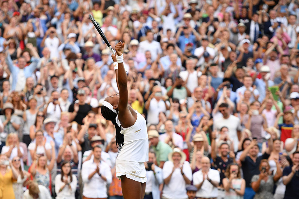 Petenis remaja AS Cori Gauff meluapkan kegembiraan usai memastikan diri melangkah ke babak 16 besar Ajang Wimbledon, Sabtu, 6 Juli 2019 dini hari WIB. 