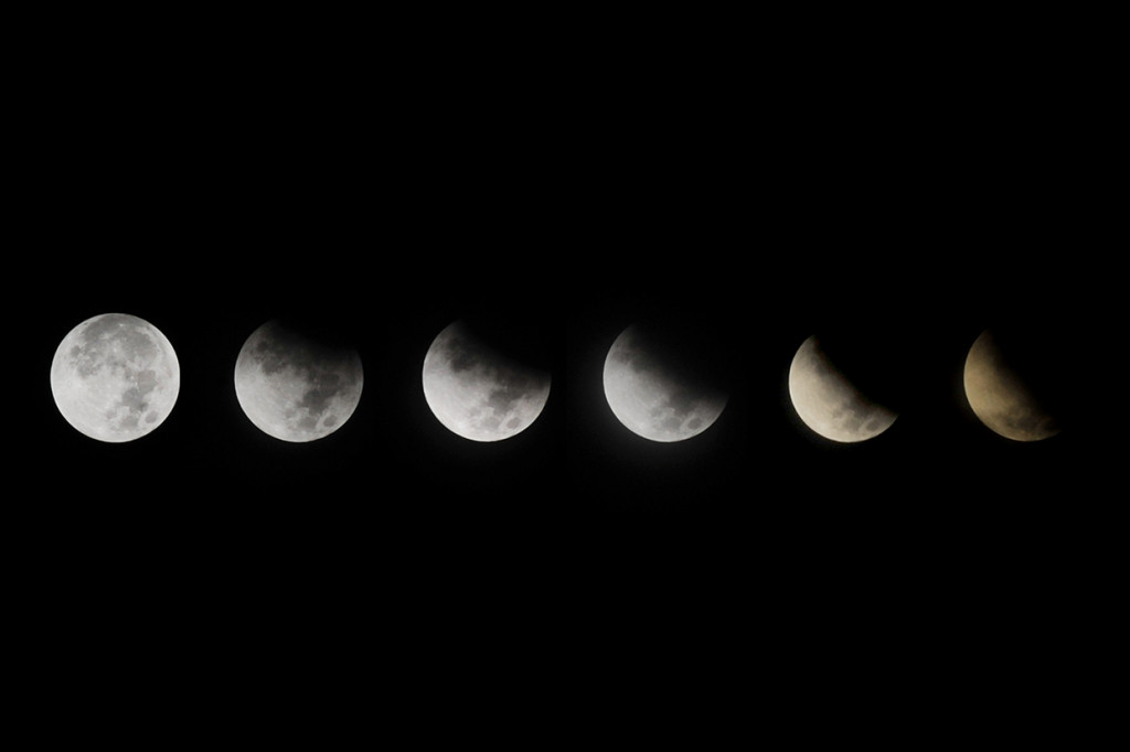 Foto kombo gerhana bulan parsial terlihat di Kota Padang, Sumatera Barat. Fenomena gerhana bulan setengah tersebut hanya terlihat hingga pukul 04.00 WIB karena sebagian langit tertutup awan di kota itu. Antara Foto/Iggoy el Fitra