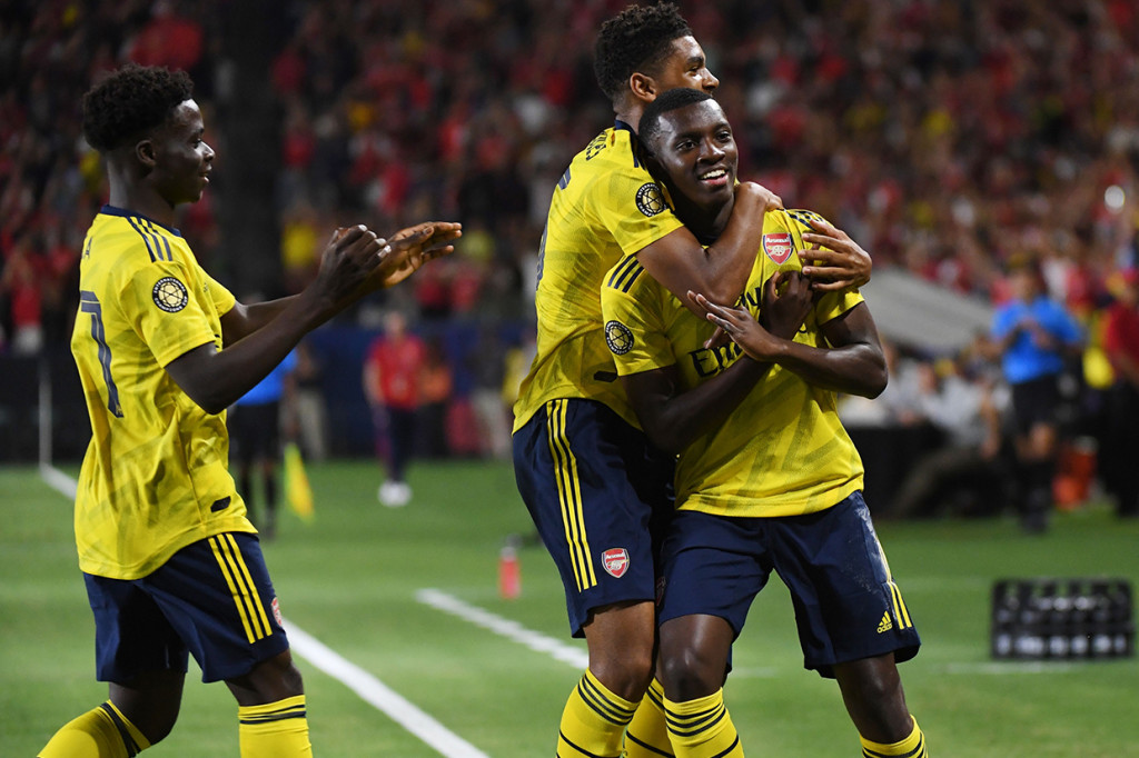 Arsenal mencatatkan kemenangan 2-1 atas Bayern Munchen di Dignity Health Tennis Center, Carson, Los Angeles, California, Amerika Serikat, dalam turnamen pramusim, International Chasmpions Cup (ICC) 2019.
