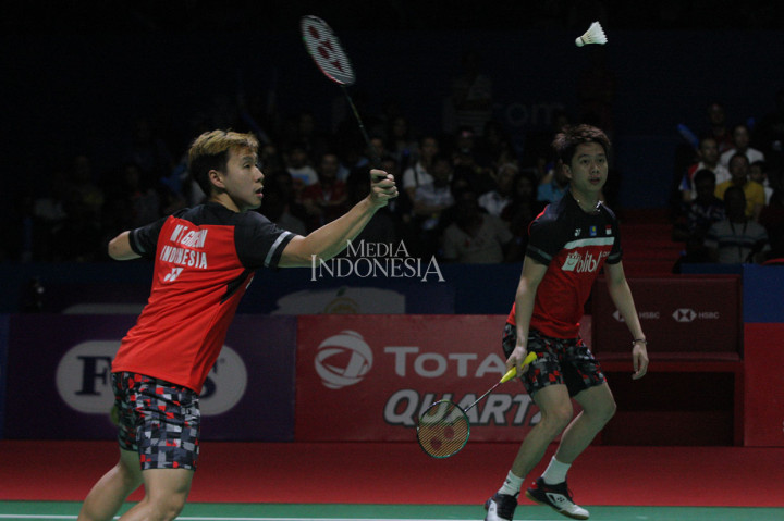 Marcus Fernaldi Gideon/Kevin Sanjaya Sukamuljo melaju ke final setelah menang dua set langsung dengan skor 21-9 21-13, dan akan menantang rekan senegaranya Mohammad Ahsan/ Hendra Setiawan.