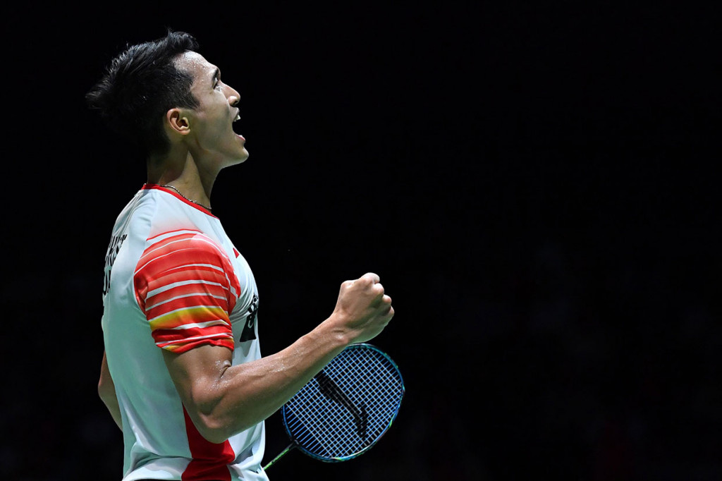 Pebulutangkis tunggal putra Indonesia Jonatan Christie meluapkan kegembiraan usai memastikan diri melaju ke putaran final Japan Open 2019, Sabtu, 27 Juli 2019.