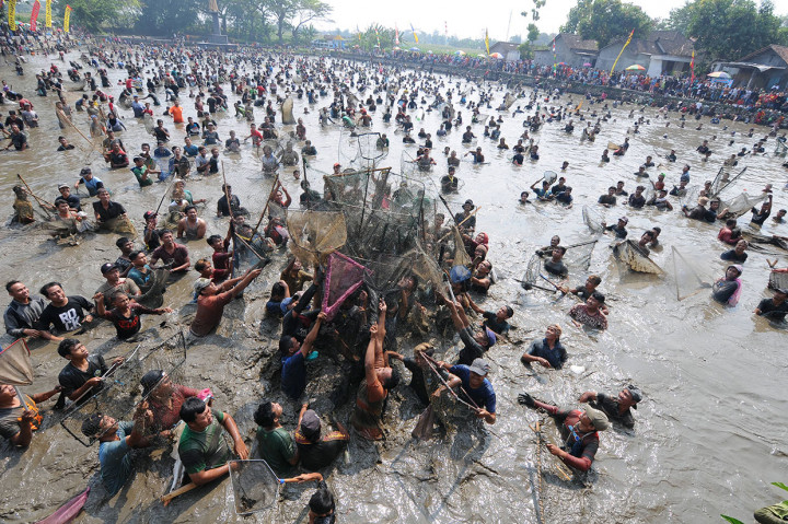 Warga menggunaan jaring untuk berebut uang yang dilempar dengan botol saat mengikuti Tradisi Memet Ikan di Embung Gemblegan, Kalikotes, Klaten.