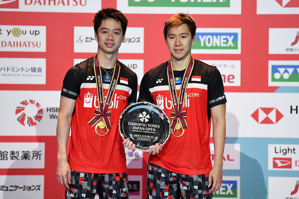 Kevin Sanjaya Sukamuljo/Marcus Fernaldi Gideon menjadi juara ganda putra Japan Open 2019 di Musashino Forest Sport Plaza, Tokyo.