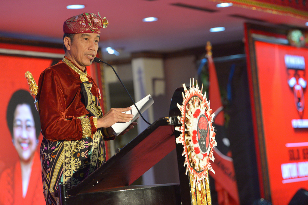 Presiden Joko Widodo berpidato pada pembukaan Kongres V PDIP di Sanur.