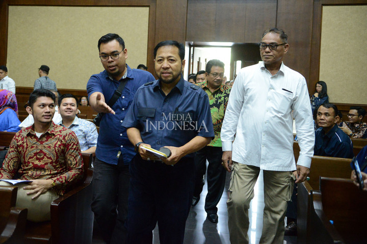 Mantan Ketua Dewan Perwakilan Rakyat (DPR) Setya Novanto hadir sebagai saksi terhadap terdakwa mantan Dirut Perusahaan Listrik Negara (PLN) Sofyan Basir di Gedung Pengadilan Tipikor, Kemayoran, Jakarta.