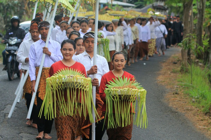 Warga membawa padi sebagai simbol kebersamaan saat perayaan adat Serentaun di Cigugur, Kuningan, Jawa Barat, Sabtu, 24 Agustus 2019.