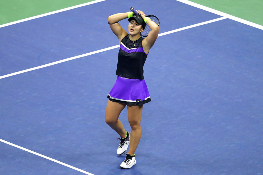 Ekspresi petenis asal Kanada Bianca Andreescu yang seolah tidak percaya dengan keberhasilannya melaju ke babak final turnamen US Open, Jumat, 6 September 2019 WIB.