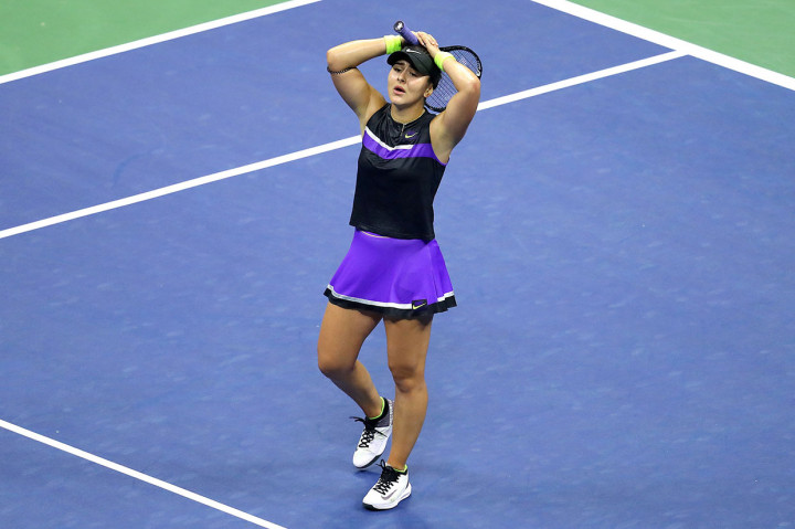 Ekspresi petenis asal Kanada Bianca Andreescu yang seolah tidak percaya dengan keberhasilannya melaju ke babak final turnamen US Open, Jumat, 6 September 2019 WIB.