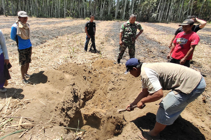 Bom latih berbobot 125 kilogram itu terjatuh dan menancap di lahan luar area latihan saat dibawa pesawat Sukhoi yang sedang berlatih melintas di wilayah udara Pasirian, Lumajang, Jumat, 6 September 2019. 