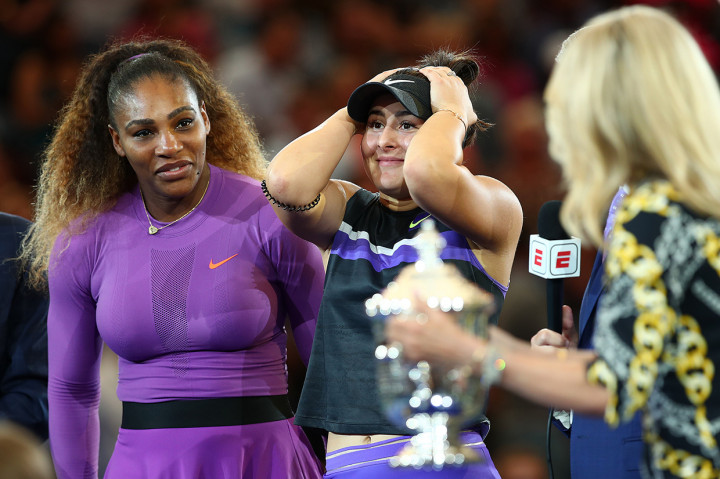 Andreescu menang 6-3, 7-5 atas juara 23 kali Grand Slam Serena Williams pada final US Open. Afp Photo/Clive Brunskill
