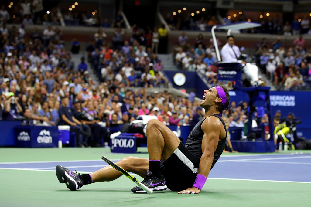 Reaksi Rafael Nadal setelah mengalahkan Daniil Medvedev di Stadion Arthur Ashe, Flushing Meadows, New York. AFP Photo/Mike Stobe