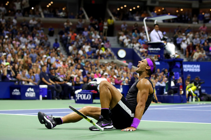 Reaksi Rafael Nadal setelah mengalahkan Daniil Medvedev di Stadion Arthur Ashe, Flushing Meadows, New York. AFP Photo/Mike Stobe