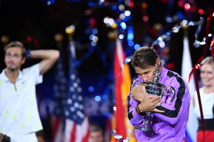 Gelar grand slam US Open 2019 ini merupakan gelar grand slam ke-19 sepanjang karier Rafael Nadal. AFP Photo/Johannes Eisele