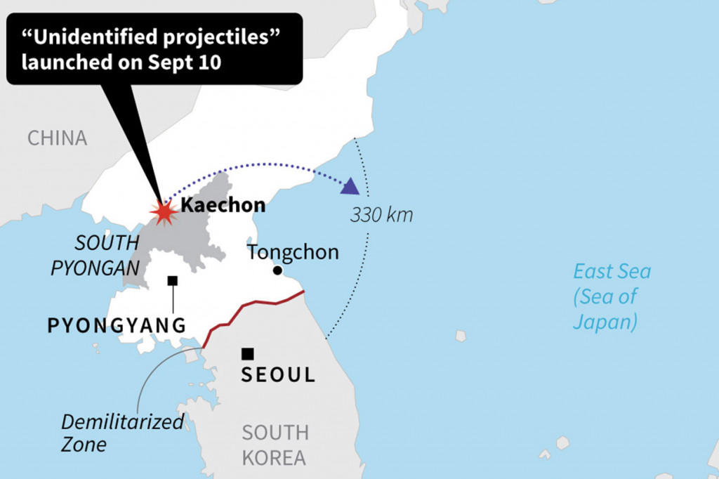 Korea Utara dua kali meluncurkan proyektil tak dikenal Selasa pagi dari daerah Kaechon, di Provinsi Pyongan Selatan ke arah timur sejauh sekitar 330 km.