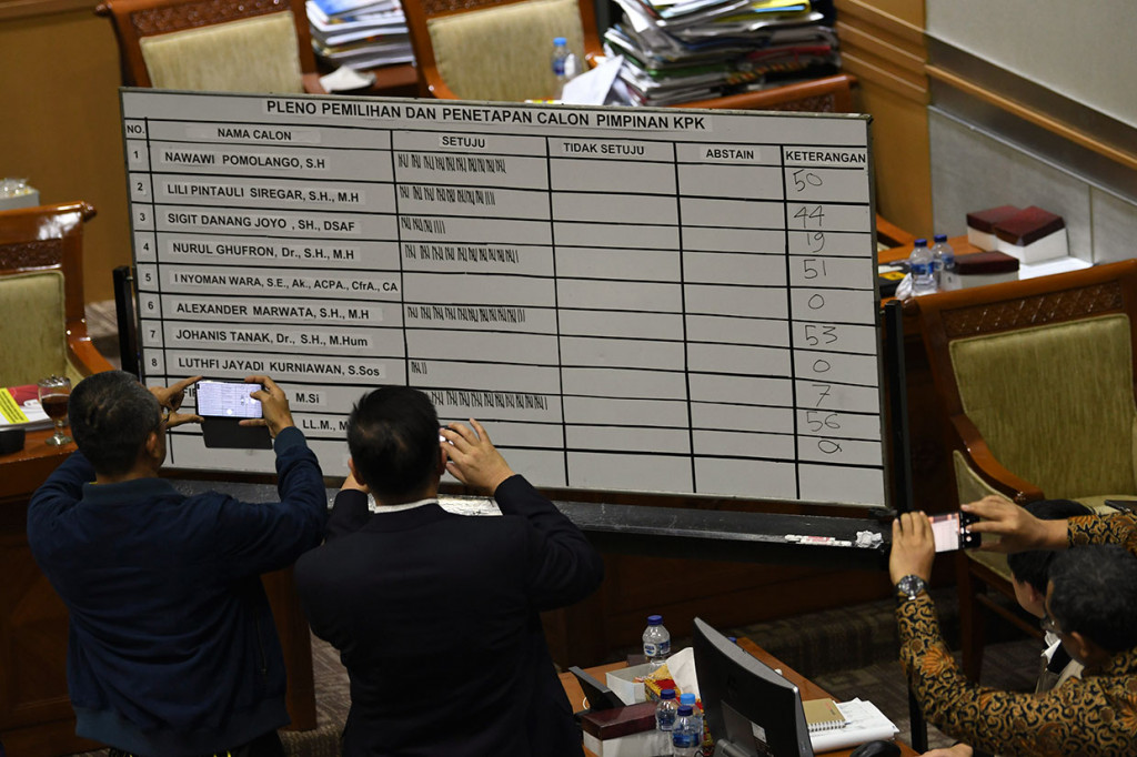 Kelima orang yang terpilih menjadi calon pimpinan KPK adalah Nawawi Pamolango (50 suara), Lili Pintouli Siregar (44 suara), Nurul Ghufron (51 suara), Alexander Marwata (53 suara), dan Firli Bahuri (56 suara).  