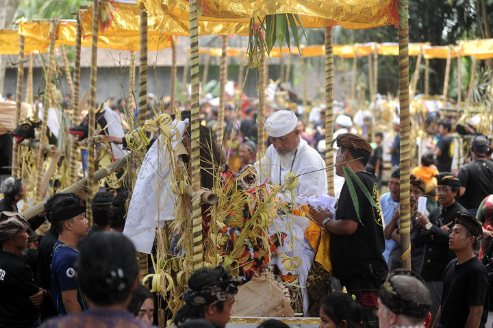Pemuka agama Hindu melakukan ritual saat rangkaian upacara Ngaben massal di Desa Adat Bayad, Tegalalang, Gianyar.