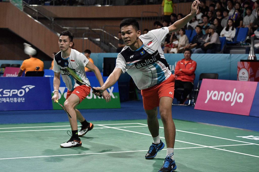Ganda putra Indonesia Fajar Alfian/Muhammad Rian Ardianto berhasil melaju ke babak final Korea Open 2019, di Incheon Airport Skydome, Incheon, Korea Selatan, Sabtu, 28 September 2019. 