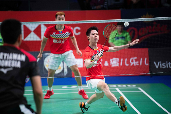 Pasangan Marcus/Kevin menjuarai Denmark Open 2019 setelah menang dari pasangan Hendra/Ahsan dengan skor 21-14, 21-13. AFP Photo/Claus Fisker / Ritzau Scanpix