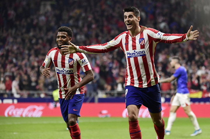 Gelandang Atletico Madrid Saul Niguez melakukan selebrasi usai mencetak gol ke gawang Athletic Bilbao.

