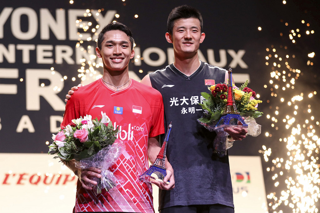 Sementara pebulu tangkis tunggal putra Indonesia Jonatan Christie harus rela menjadi runner-up French Open 2019 setelah kalah dari pebulu tangkis Tiongkok Chen Long dengan skor 19-21, 12-21. 