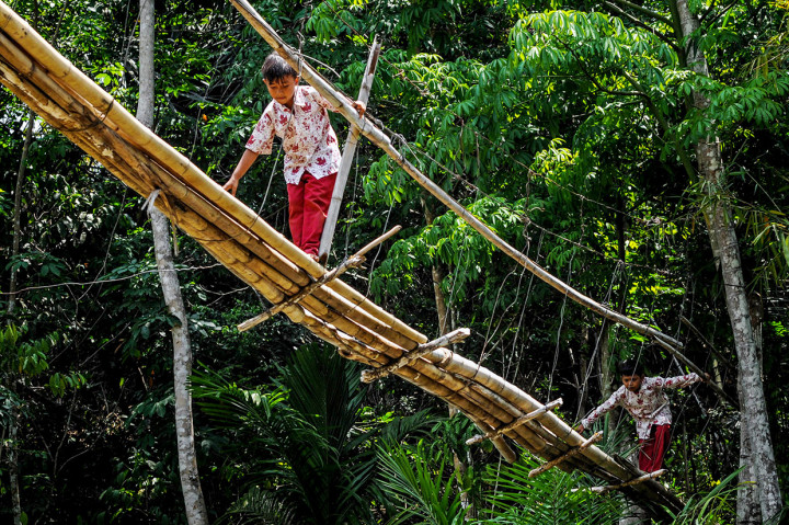 Siswa SD melintasi jembatan bambu yang rusak di Kampung Cigedang, Desa Leuwiipuh, Lebak, Banten, Rabu, 30 Oktober 2019.