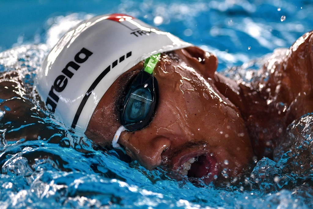 Perenang Triady Fauzi Sidiq mengikuti pelatnas SEA Games 2019 di Stadion Akuatik, kompleks GBK, Jakarta.
