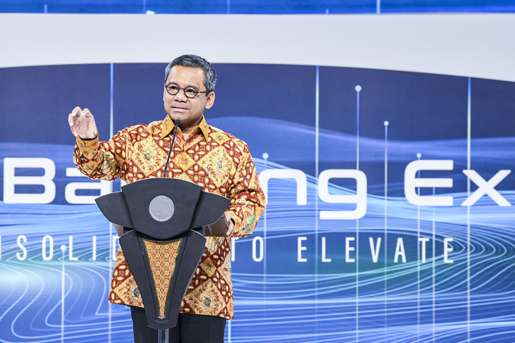 Wakil Menteri Keuangan Suahasil Nazara memberikan sambutan dalam acara Indonesia Banking Expo 2019 di Jakarta.
