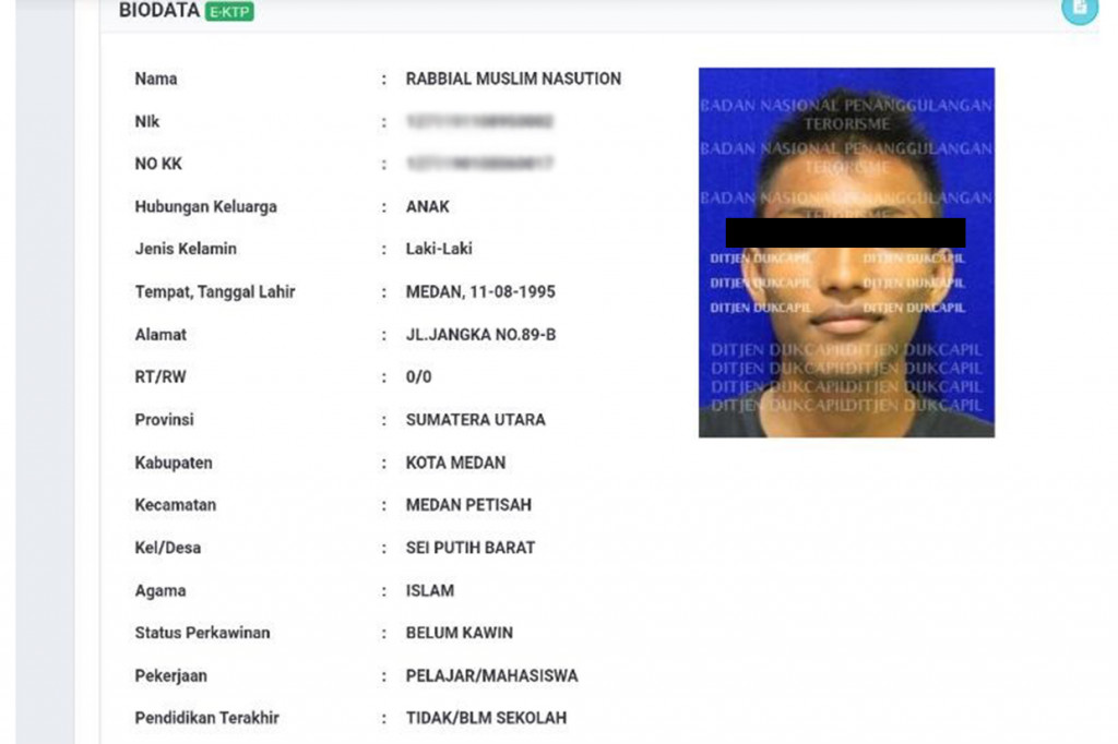 Terduga pelaku diketahui bernama Rabbial Muslim Nasution. Berdasarkan data yang diungkap, pria kelahiran Medan, 11 Agustus 1995 ini berstatus sebagai pelajar/mahasiswa.