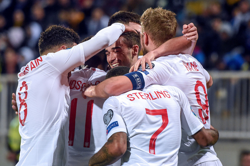 Inggris menutup perjalanan Kualifikasi Piala Eropa 2020 dengan kemenangan meyakinkan. Di markas Kosovo, tim 'Tiga Singa' menang telak 4-0. AFP Photo/Robert Atanasovski
