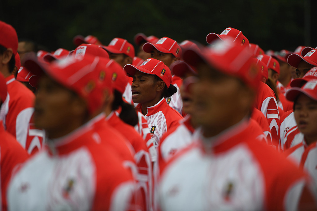 Sejumlah atlet mengikuti acara pelepasan atlet untuk SEA Games 2019 di Istana Bogor, Jawa Barat.