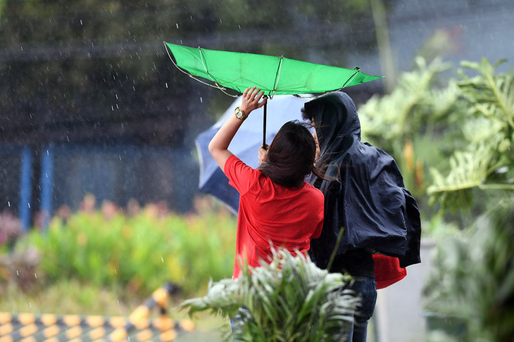 Petugas SEA Games memperbaiki payungnya yang diterjang angin saat terjadinya badai Kammuri yang melanda arena SEA Games ke-30 di kawasan World Trade Center Manila, Filipina.