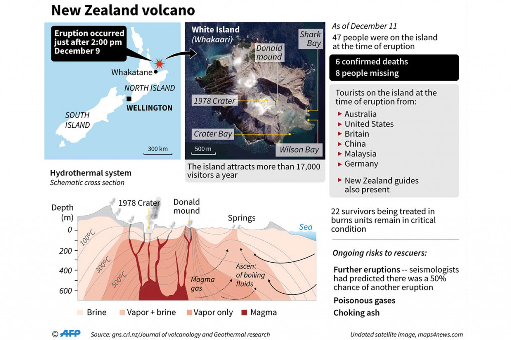 Polisi menyebutkan 47 orang berada di White Island pada saat terjadi erupsi. Sebanyak 24 turis berasal dari Australia, sembilan dari AS, lima warga Selandia Baru, empat dari Jerman dan masing-masing dua dari Tiongkok dan Inggris, serta satu lagi dari Malaysia. Korban tewas mencapai enam orang. Delapan di antaranya hilang, dan diduga tewas, dan 30 orang lainnya di rawat di rumah sakit di seluruh negeri.   