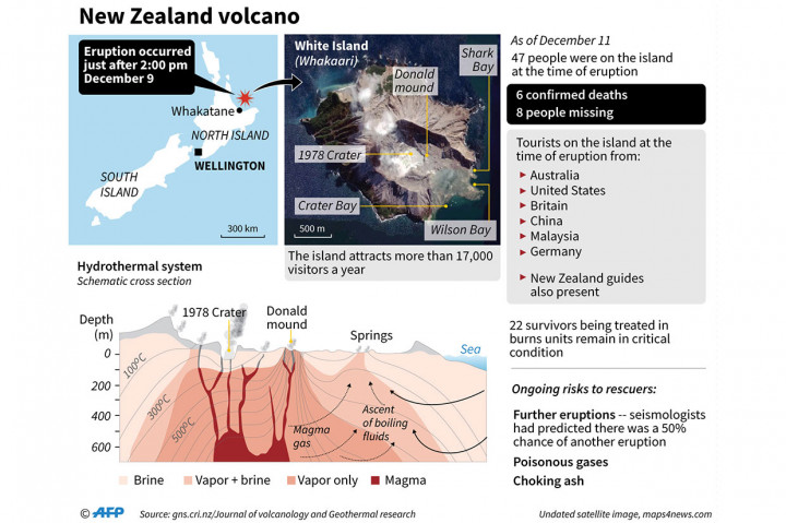 Polisi menyebutkan 47 orang berada di White Island pada saat terjadi erupsi. Sebanyak 24 turis berasal dari Australia, sembilan dari AS, lima warga Selandia Baru, empat dari Jerman dan masing-masing dua dari Tiongkok dan Inggris, serta satu lagi dari Malaysia. Korban tewas mencapai enam orang. Delapan di antaranya hilang, dan diduga tewas, dan 30 orang lainnya di rawat di rumah sakit di seluruh negeri.   