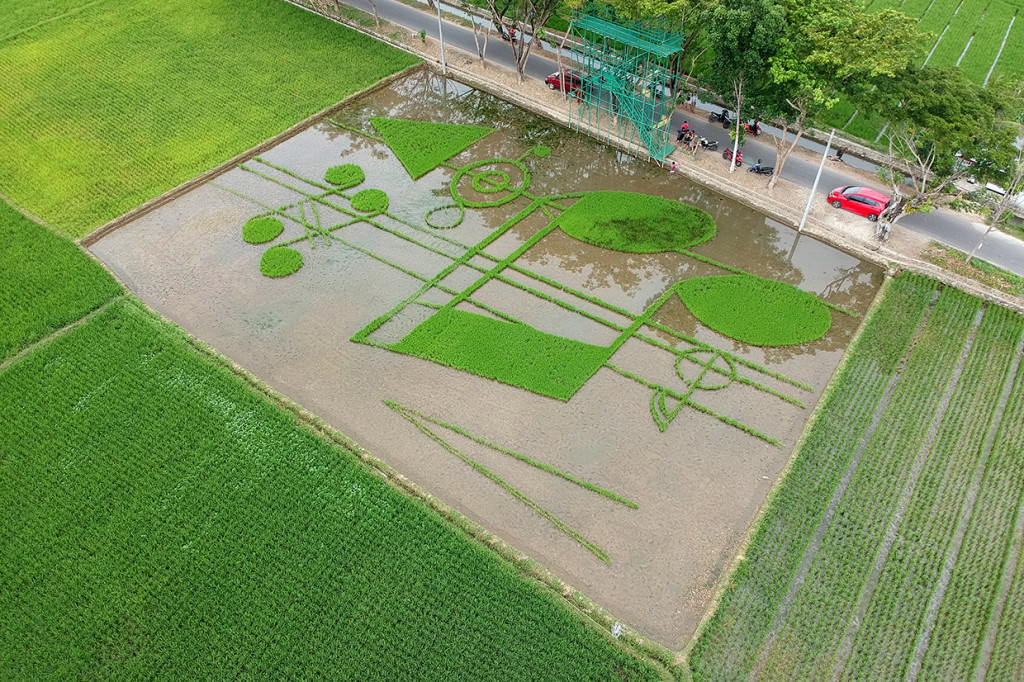 Dengan mengambil tema pameran tunggal Menghadap Bumi, Iwan Yusuf mencoba menampilkan deformasi bentuk not balok dengan menggunakan padi di area sawah. 
