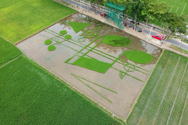 Dengan mengambil tema pameran tunggal Menghadap Bumi, Iwan Yusuf mencoba menampilkan deformasi bentuk not balok dengan menggunakan padi di area sawah. 
