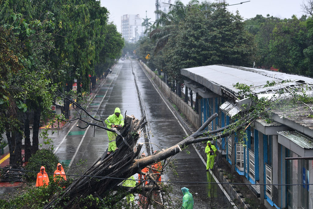 Akibat tertimpa pohon tumbang, atap Halte Bus TransJakarta Koridor SMK 57,Jakarta Selatan, mengalami sedikit kerusakan, sementara arus lalu lintas dialihkan.