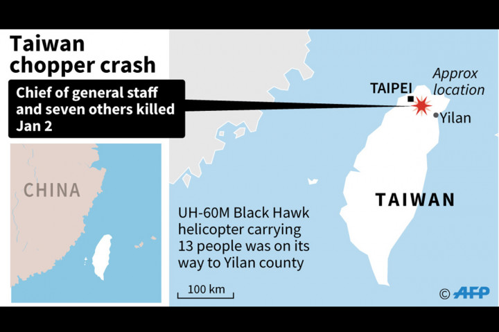 Helikopter Black Hawk jenis UH-60M yang membawa 13 orang tersebut hilang kontak 13 menit usai lepas landas dari New Taipei City, Kamis pagi waktu setempat. Petugas tengah menyelidiki penyebab kecelakaan tersebut.