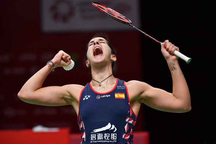 Tunggal putri asal Spanyol Carolina Marin meluapkan kegembiraan usai memastikan diri melangkah ke babak final Indonesia Masters 2020. AFP PHOTO/Adek Berry