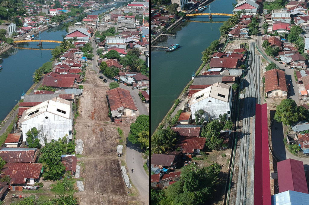 Foto kombo, pembangunan kembali jalur kereta api yang dimulai pada 2019 (kiri) dan sekarang (kanan) selesai dibangun di Stasiun Pulau Aia, Padang, Sumatera Barat, Rabu, 22 Januari 2020.