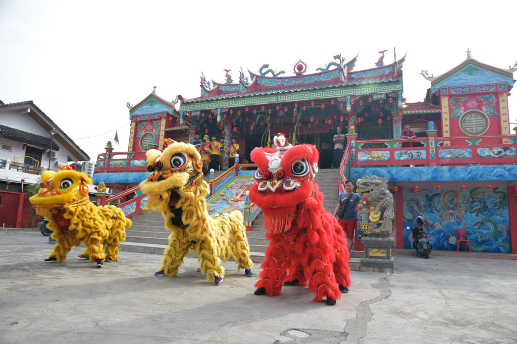 Barongsai beratraksi dalam perayaan Imlek 2571 di Wihara Surya Dharma, Kota Pekanbaru, Riau. ANTARA FOTO/FB Anggoro