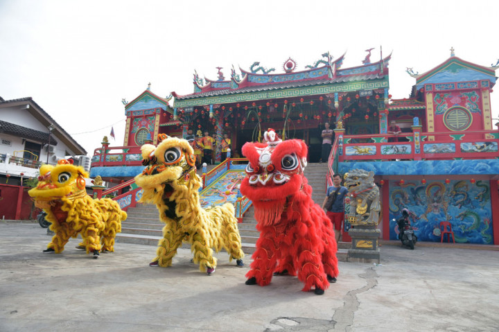 Barongsai beratraksi dalam perayaan Imlek 2571 di Wihara Surya Dharma, Kota Pekanbaru, Riau. ANTARA FOTO/FB Anggoro