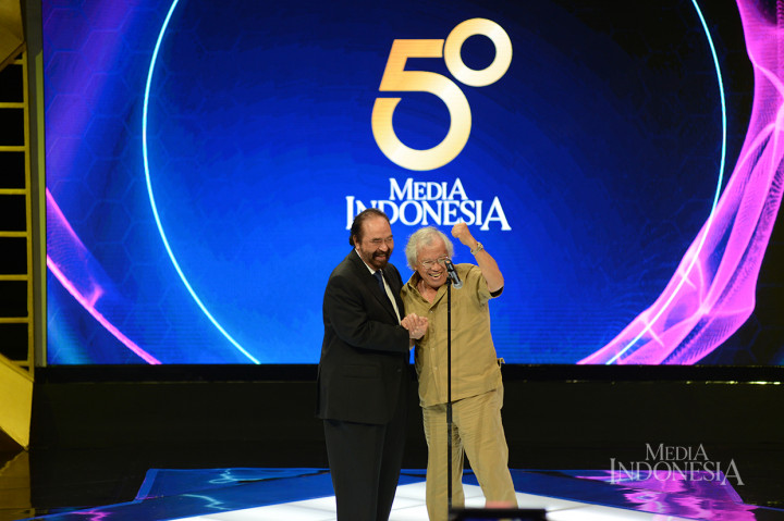 Chairman Media Group Surya Paloh menghadiri perayaan HUT ke 50 Media Indonesia di Grand Studio Metro TV Jakarta.