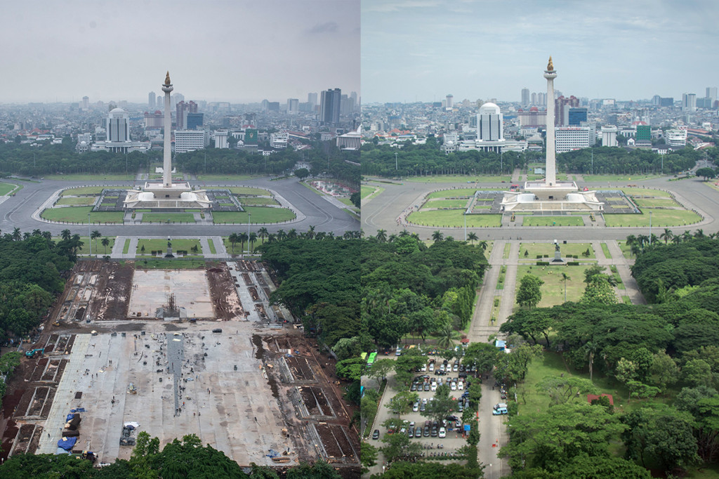 Foto kombinasi memperlihatkan kawasan Monas sebelum dan saat pengerjaan proyek revitalisasi. Antara Foto/Aprillio Akbar