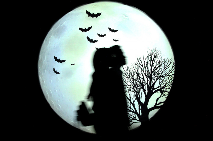 Pengunjung melintas di depan ornamen cahaya bulan pada Festival Lampu di Bekasi, Jawa Barat.